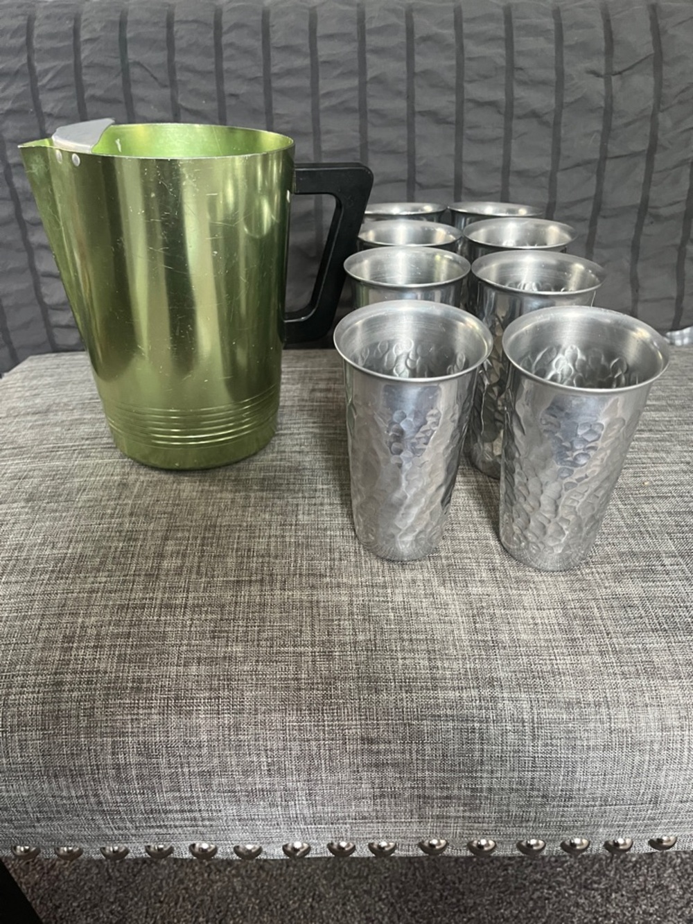 Vintage, Green Pitcher with Eight Silver Hammered Tumblers